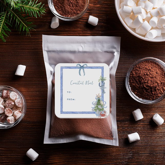 Coastal Noël Blue Bow Nautical Holiday Square Sticker (Creator Uploaded)