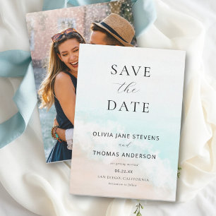 Coastal Ocean Beach Blue Elegant Photo Wedding Save The Date