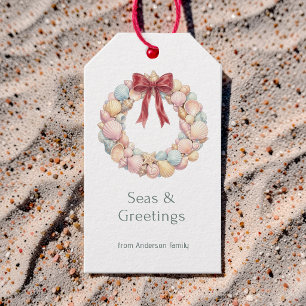 Coastal Ocean Beach Christmas Seashells Red Bow Gift Tags