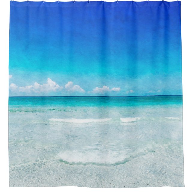Coastal Ocean Beach in Teal Aqua Turquoise Blue Shower Curtain (Front)