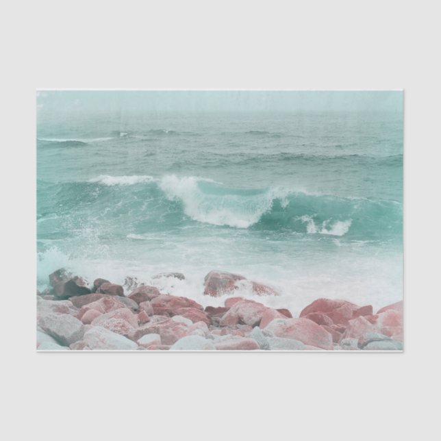Coastal Ocean Beach Waves Teal White Nautical Tissue Paper (Front)