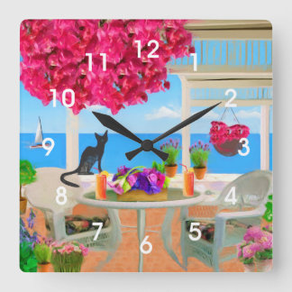 Coastal Ocean Veranda Scene Square Wall Clock