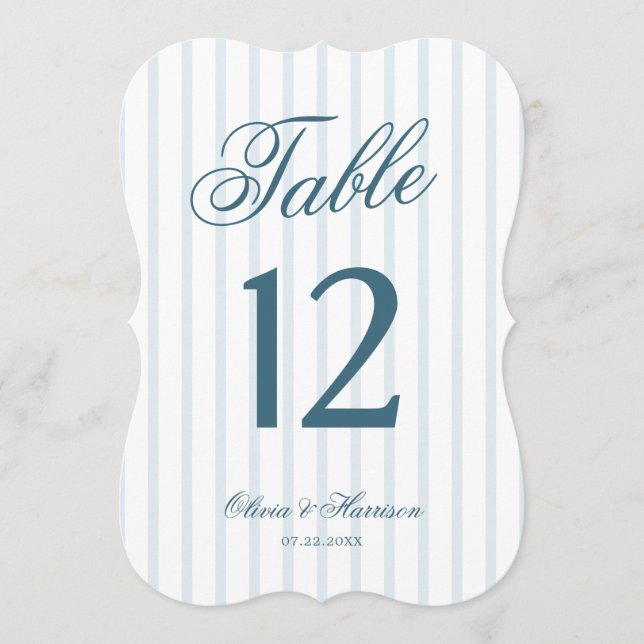 Coastal Old Money Blue Pinstripe Table Number (Front)
