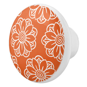 Coastal Orange Floral Ceramic Drawer Pull