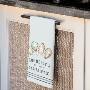 Coastal Oyster & Pearl Personalised Beach House Tea Towel