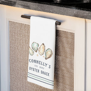 Coastal Oyster & Pearl Personalised Beach House Tea Towel