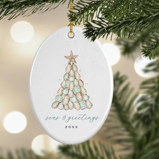 Coastal Oyster Shell Christmas Photo Ceramic Ornament (Creator Uploaded)