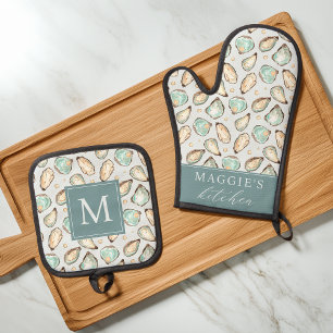 Coastal Oyster Shell Monogram Oven Mitt & Pot Holder Set