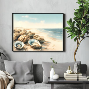 Coastal Oyster Shells Watercolor Beach Landscape  Poster