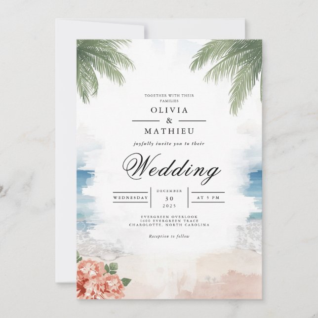 Coastal Palm Breeze Beach Wedding Invitation (Front)
