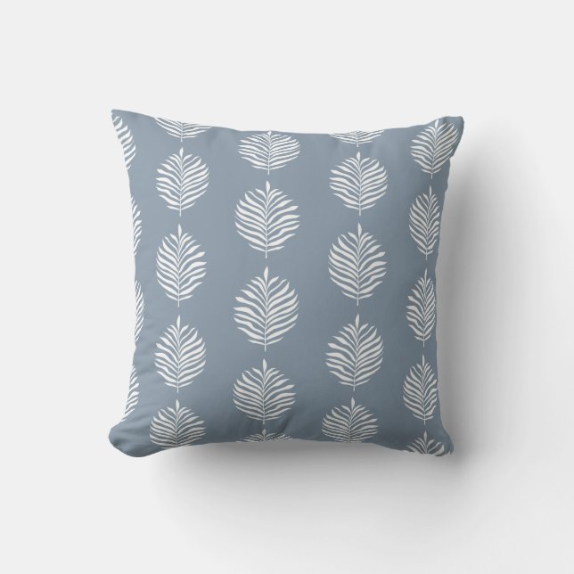 Coastal Palm Leaf Pattern Dusty Blue Cushion (Front)