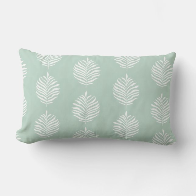 Coastal Palm Leaf Pattern Mist Jade Lumbar Cushion (Front)