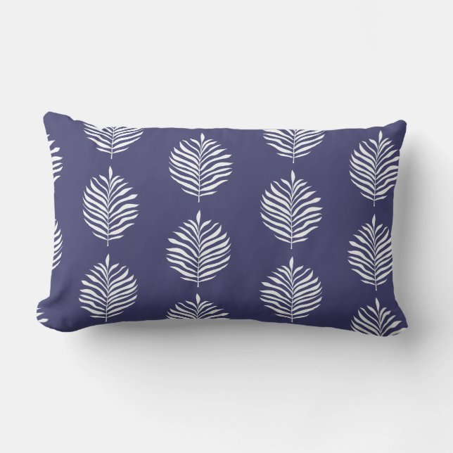 Coastal Palm Leaf Pattern Navy Blue Lumbar Cushion (Front)