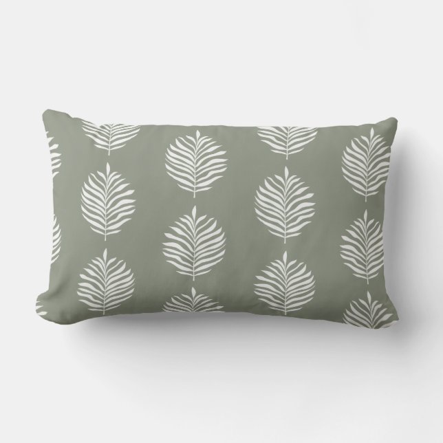 Coastal Palm Leaf Pattern Sage Green Lumbar Cushion (Front)