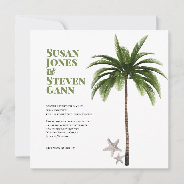 Coastal Palm Tree Bold Typography Beach Wedding Invitation (Front)