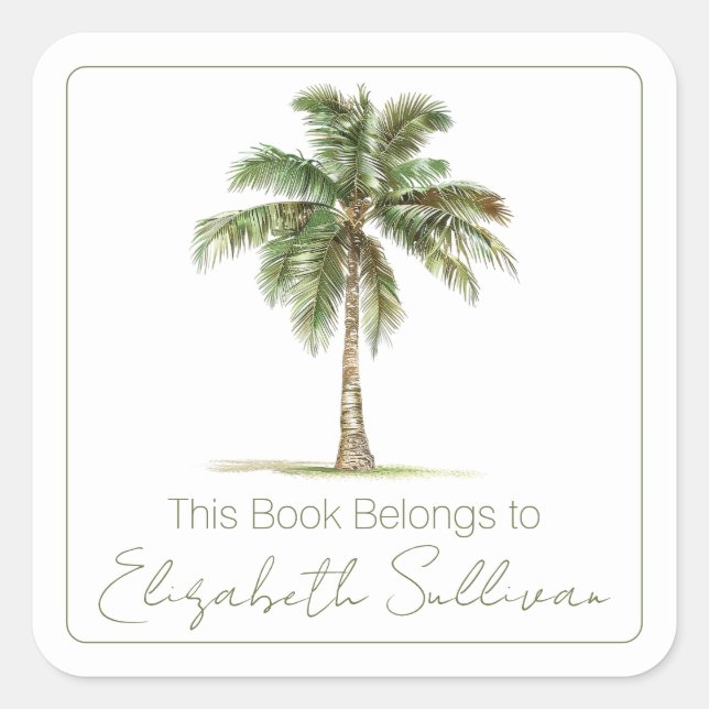 Coastal Palm Tree Personalised Bookplate Square Sticker (Front)