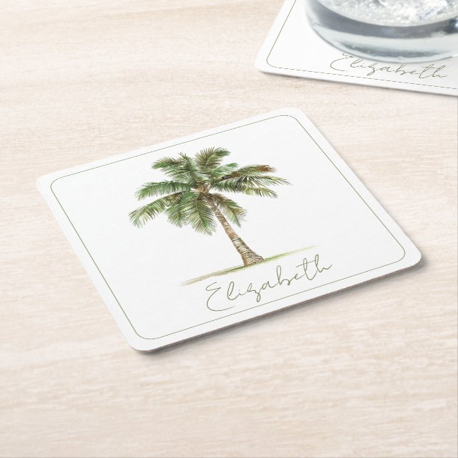 Coastal Palm Tree Personalised Party Square Paper Coaster (Angled)