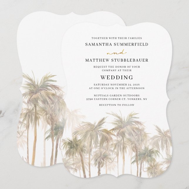 Coastal Palm Trees Watercolor Wedding Invitation (Front/Back)