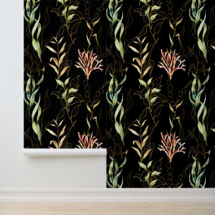 Coastal Pattern, MInimal Seaweed Pattern on Black Wallpaper