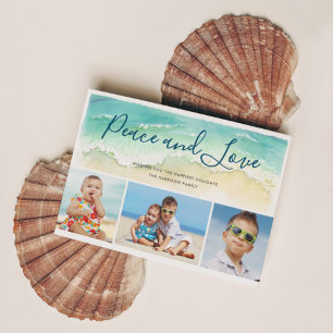 Coastal Peace & Love Three Photos Nautical Holiday Card