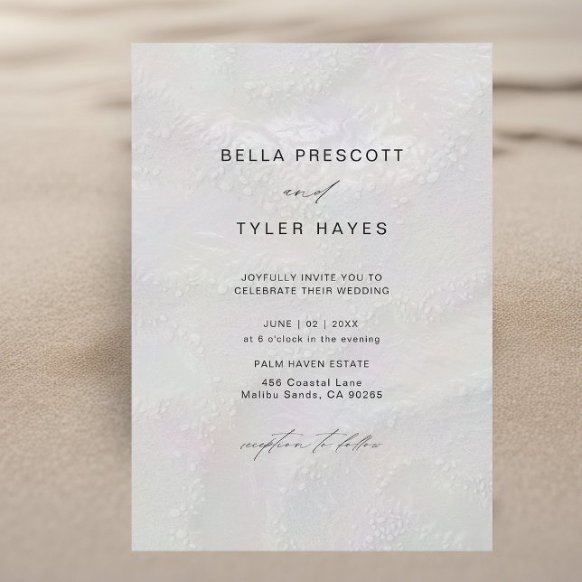 Coastal Pearly Sands Beach Ocean Elegant Wedding Invitation (coastal wedding invitation modern minimalist elegant beach ocean iridescent sand ivory white shimmer)
