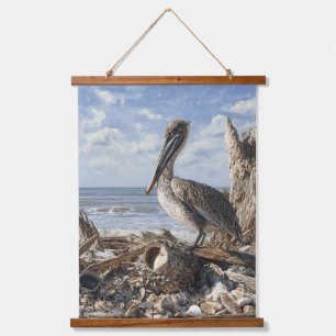 Coastal Pelican Driftwood Ocean Scene Art Hanging Tapestry