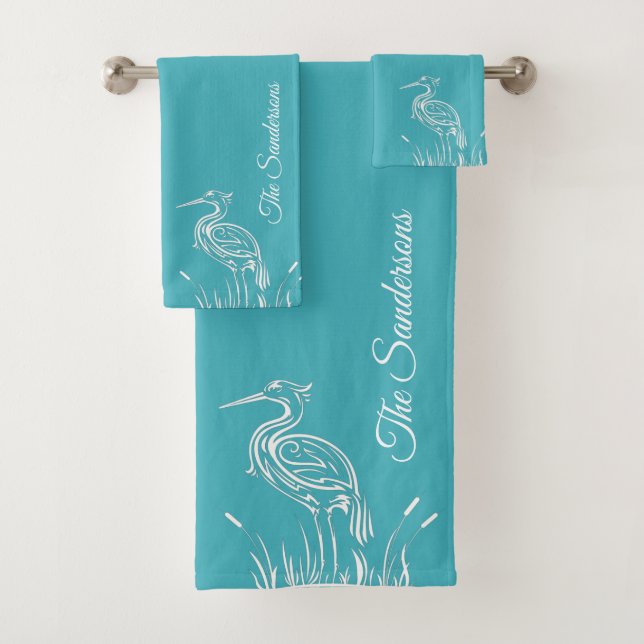 Coastal Personalise White Heron  Aqua Teal Blue Bath Towel Set (Insitu)