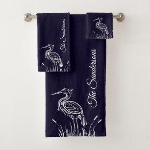 Coastal Personalised White Herons Birds Navy Blue  Bath Towel Set