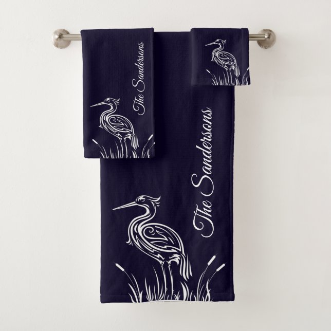 Coastal Personalised White Herons Birds Navy Blue Bath Towel Set (Insitu)