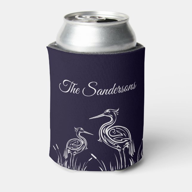 Coastal Personalised White Herons Birds Navy Blue Can Cooler (Can Back)