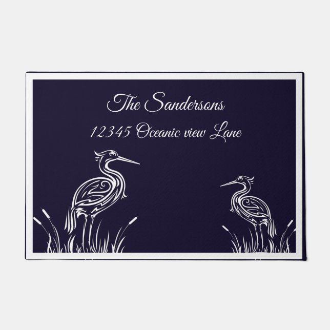 Coastal Personalised White Herons Birds Navy Blue Doormat (Front)