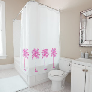 Coastal Pink and White Palm Palmetto Trees Shower Curtain