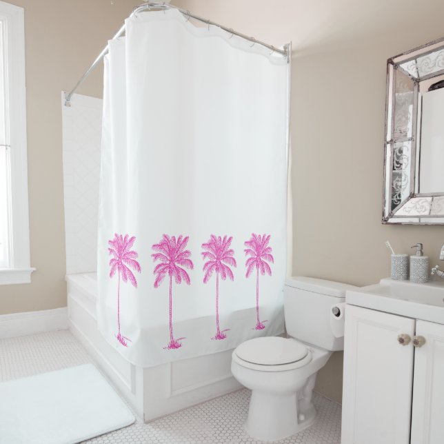 Coastal Pink and White Palm Palmetto Trees Shower Curtain (In Situ)