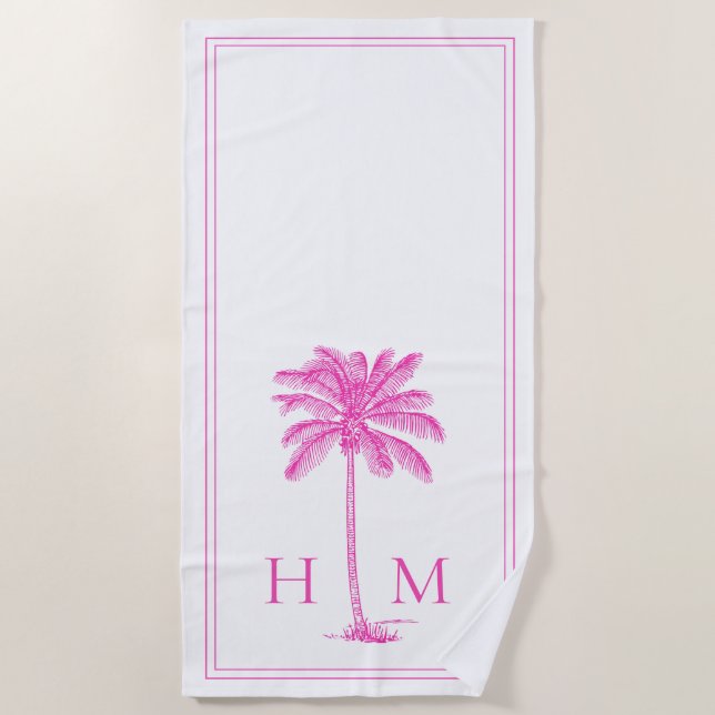 Coastal Pink and White Palmetto Palm Tree Monogram Beach Towel (Front)