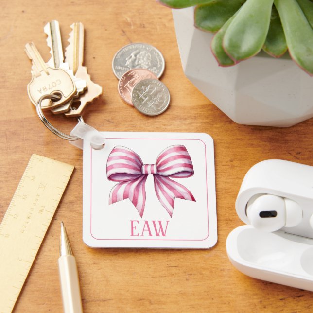 Coastal Pink and White Watercolor Bow Monogram Key Ring (Desk)