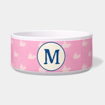 Coastal Pink and White Whale Monogrammed Dog Bowl