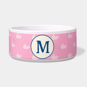Coastal Pink and White Whale Monogrammed Dog Bowl