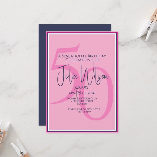 Coastal Pink Navy 50th Birthday Invitation (Front/Back In Situ)