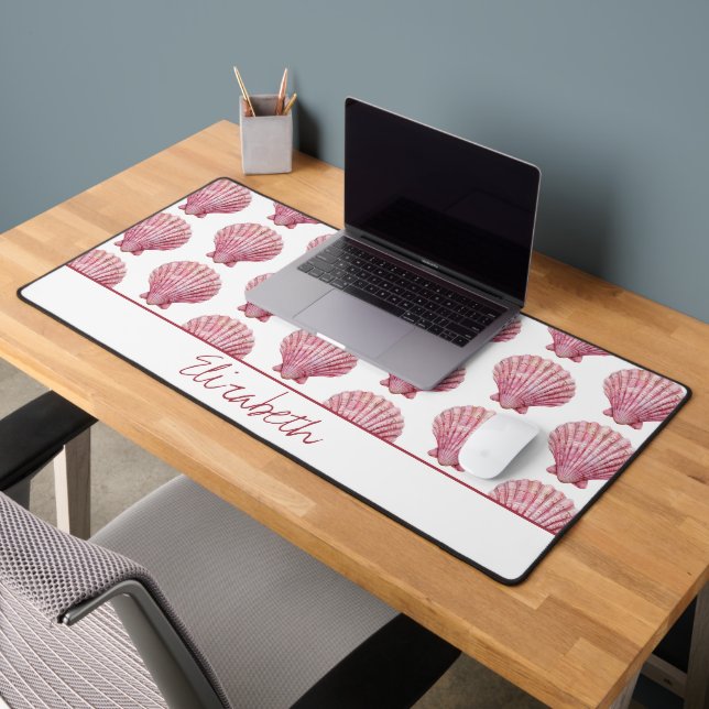 Coastal Pink Seashell on White Personalised Desk Mat (Office 2)