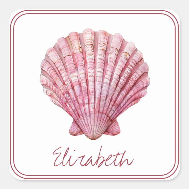 Coastal Pink Seashell on White Personalised Square Sticker (Front)