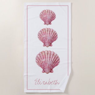 Coastal Pink Seashells on White Personalised Beach Towel
