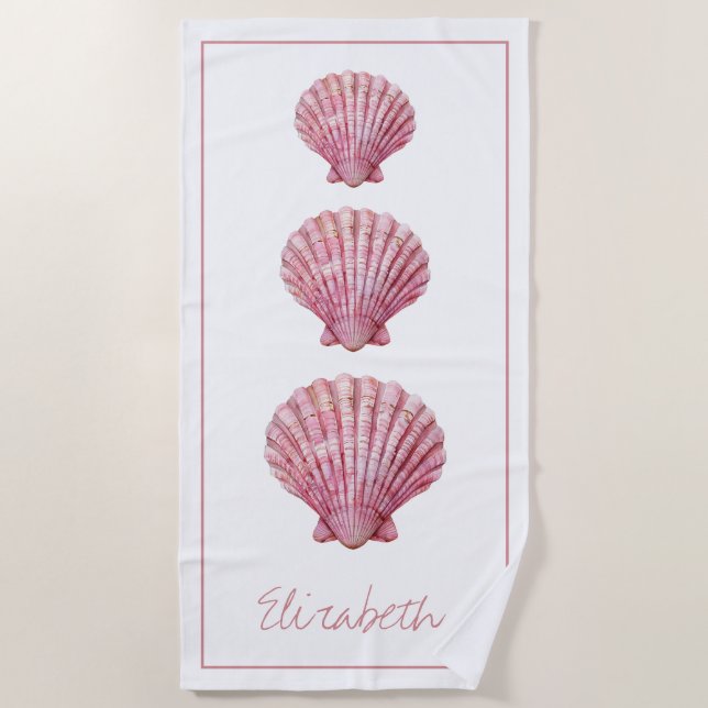 Coastal Pink Seashells on White Personalised Beach Towel (Front)