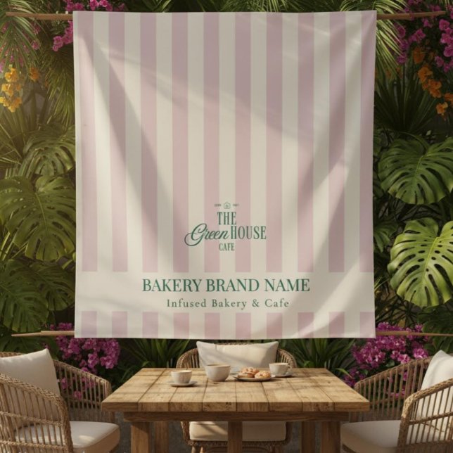 Coastal Pink Stripes Bakery Logo Table Runner Tapestry (Creator Uploaded)