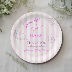 Coastal Pink Stripes Girl Sea Soon You Baby Shower Paper Plate