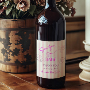 Coastal Pink Stripes Girl Sea Soon You Baby Shower Wine Label
