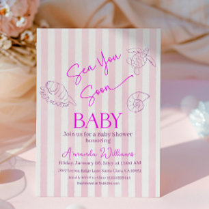 Coastal Pink Stripes Girl Sea You Soon Baby Shower Invitation