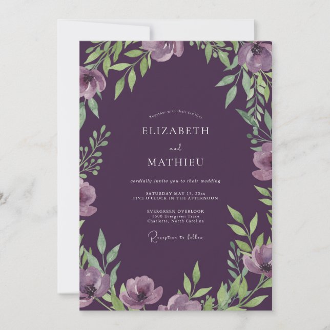 Coastal Plum Amethyst Leafy Wedding Invitation (Front)