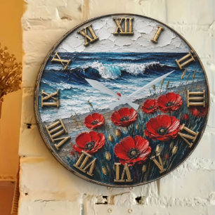 Coastal Poppy Beach Ocean Waves Floral Art Large Clock