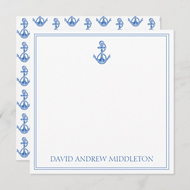 Coastal Preppy Blue and White Anchor Personalised Card (Front/Back)