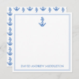 Coastal Preppy Blue and White Anchor Personalised Card